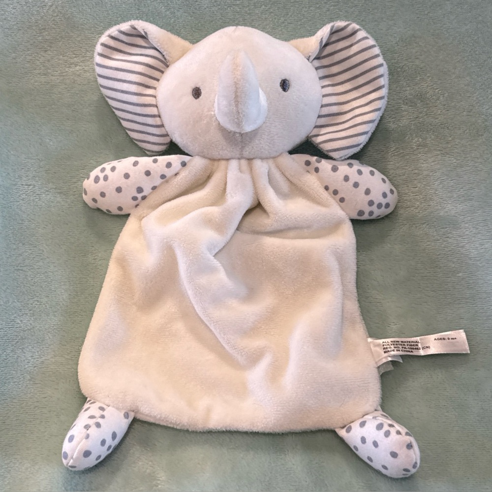 EUC Dreamgro 11" Tall White Elephant Security Lovey Gray Polka Dots Stripes 23